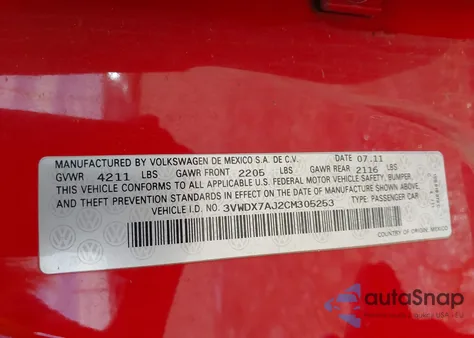 2012 Volkswagen Jetta 2.5L Se z USA, uszkodzony, nr VIN 3VWDX7AJ2CM305253